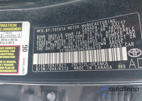 2017 Toyota Corolla Le z USA, uszkodzony, nr VIN 2T1BURHE0HC886419